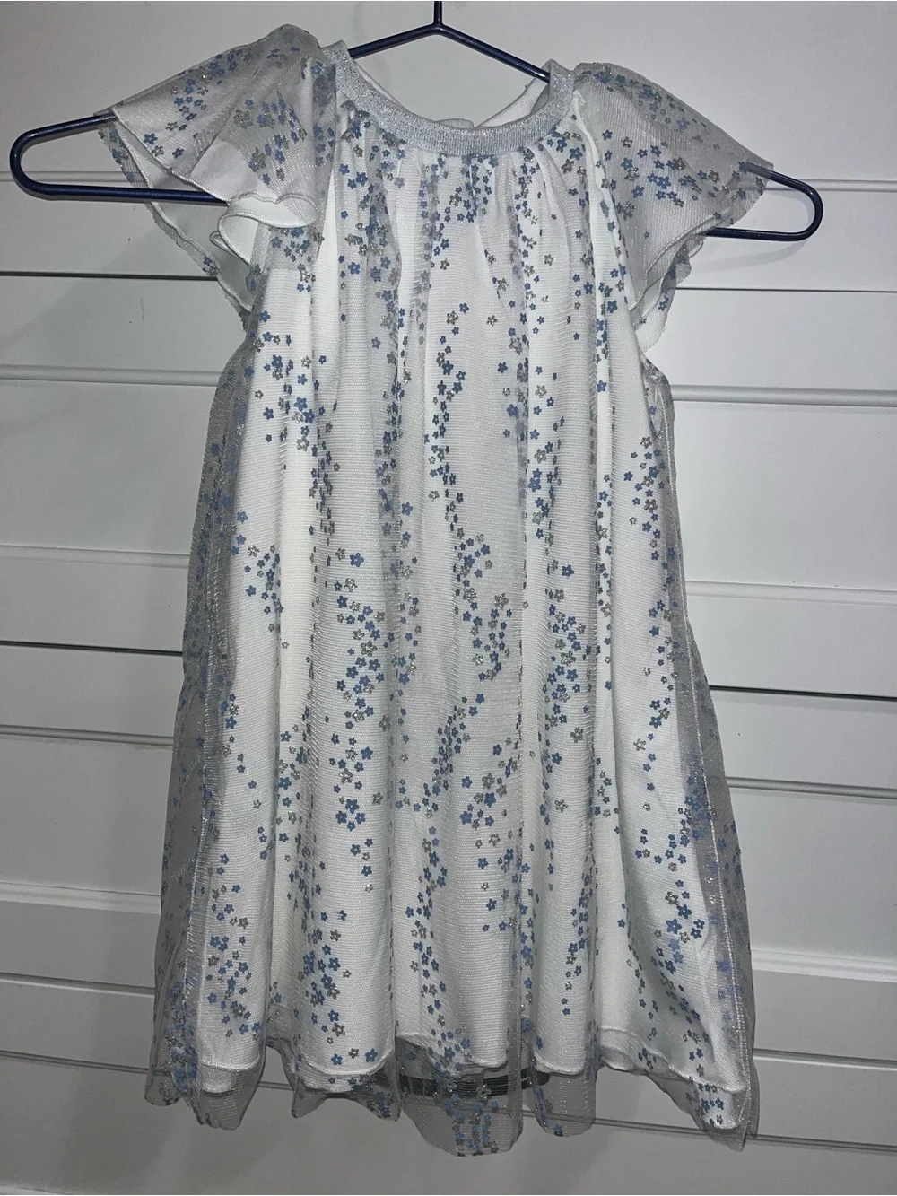 Dior girls White Mesh flowy Dress with Blue,Silver and glittery Floral details